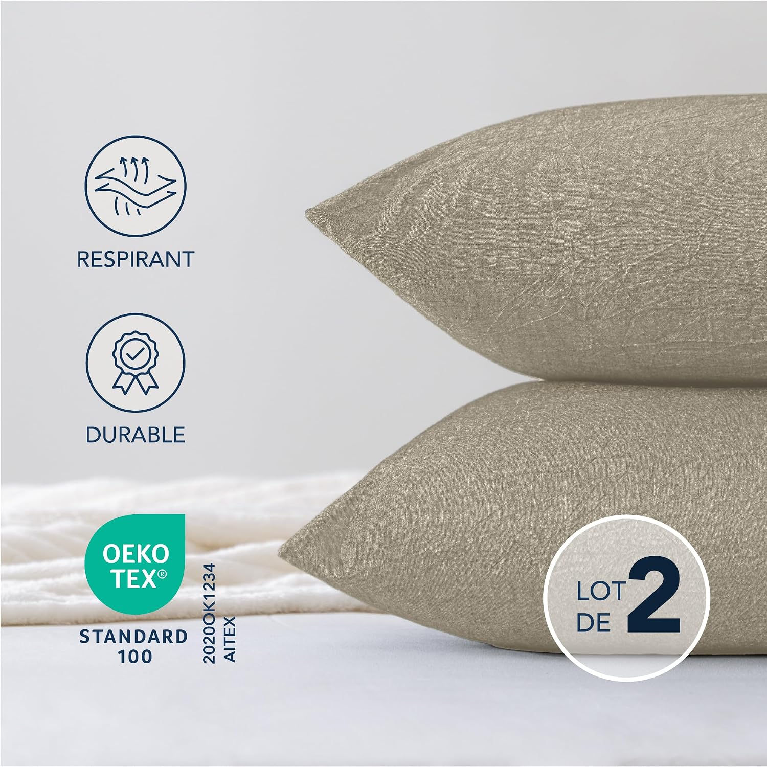 Detalle de Dreamzie Taie Oreiller 40x80 Coton – Lot de 2, Beige, Oeko-Tex, Lavée au stonewash