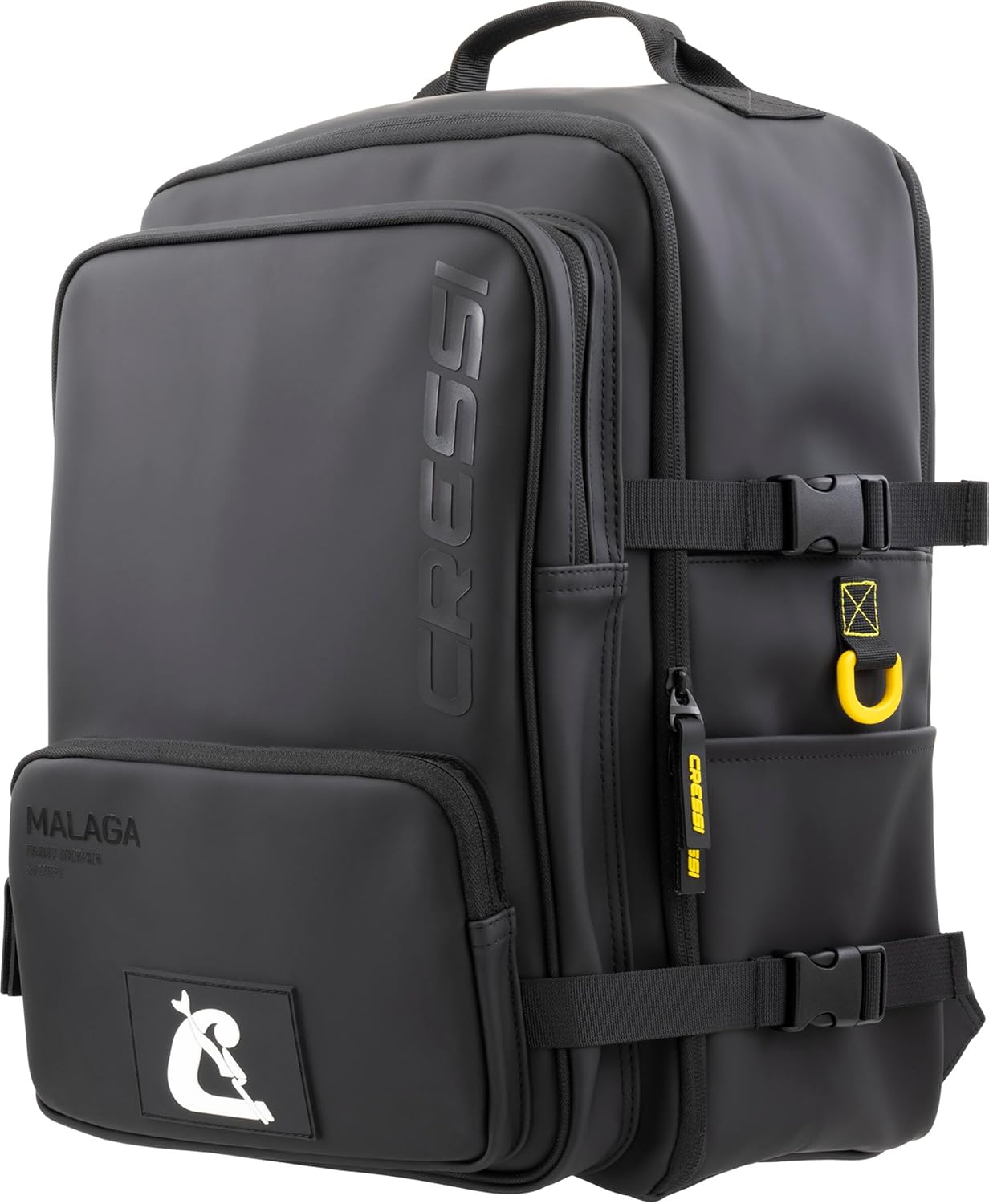 Detalle de Cressi dal 1946 Malaga Travel Backpack 28 L – Zaino Idrofobico unisex nero/giallo, compatibile bagaglio a mano