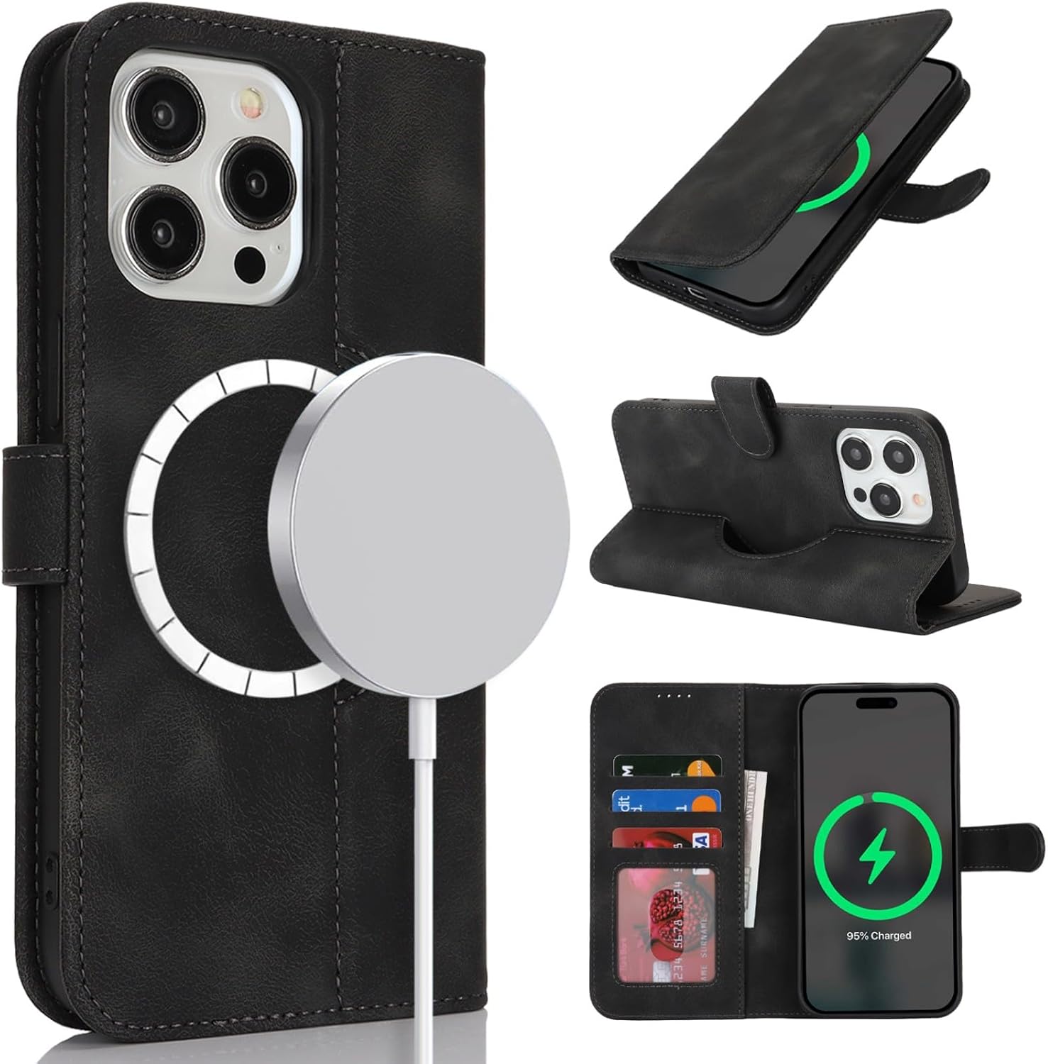 Detalle de Zouzt Case for iPhone 14 Pro Max (6.7") with MagSafe Wallet and Kickstand – Vintage Black