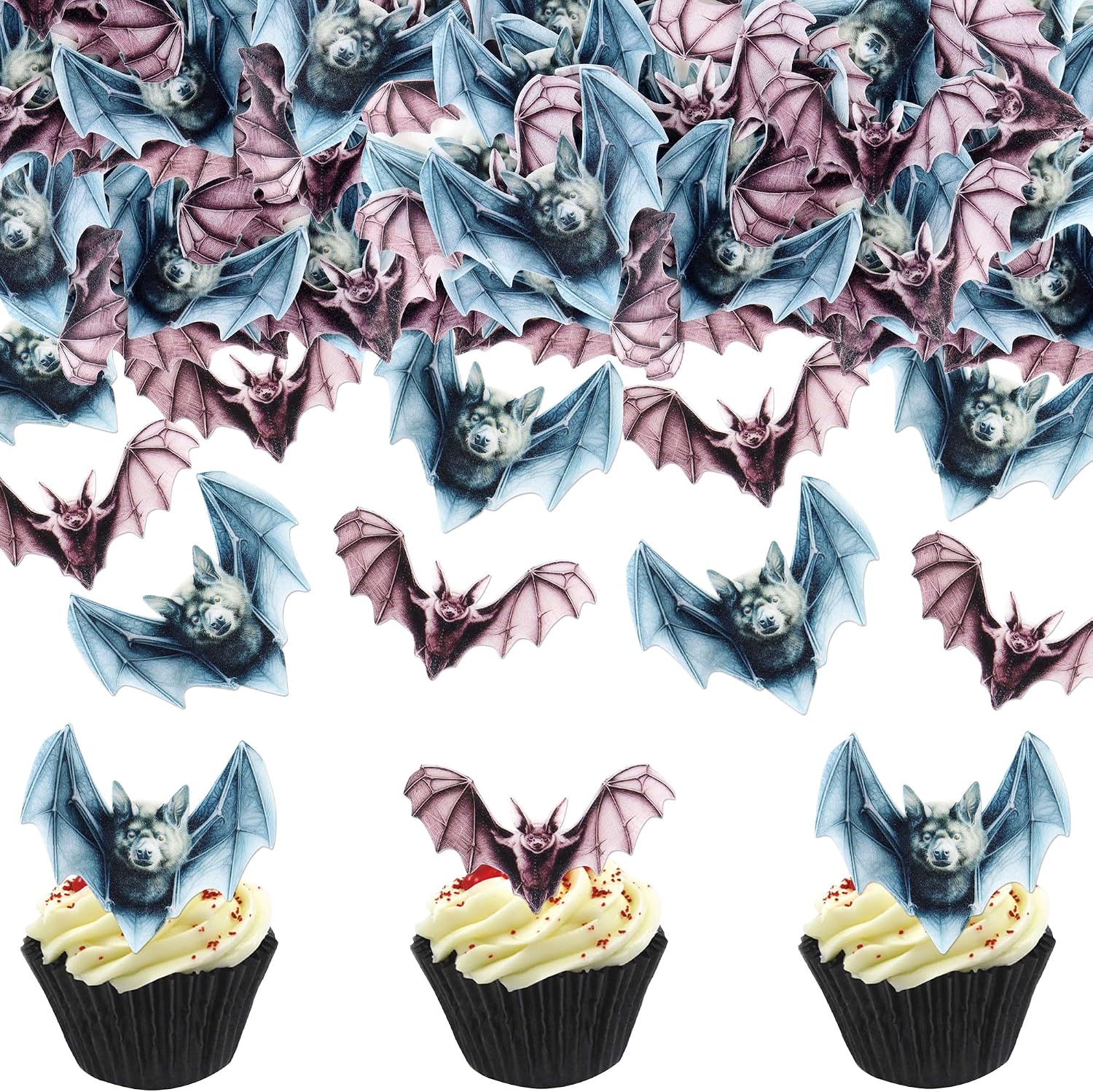 Detalle de Ercadio Edible Halloween Bat Toppers, 40-Piece Purple Wafer Paper Set
