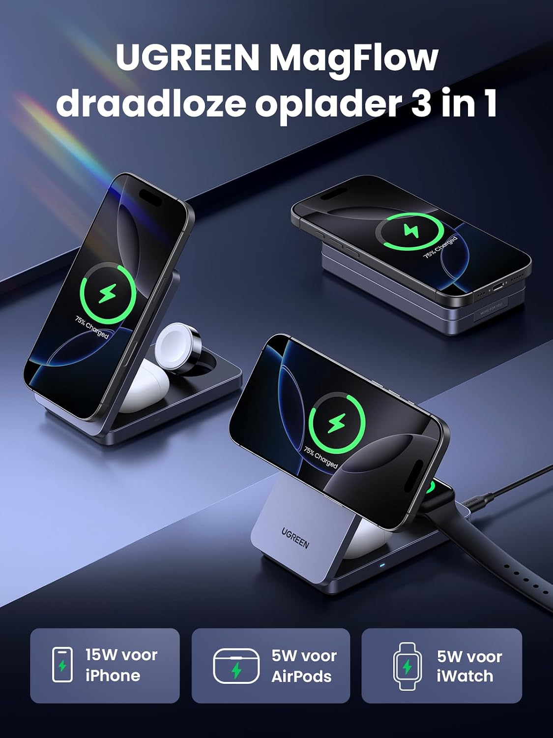 Detalle de UGREEN MagFlow Qi2 3-in-1 laadstation, 15 W, opvouwbaar en verstelbaar