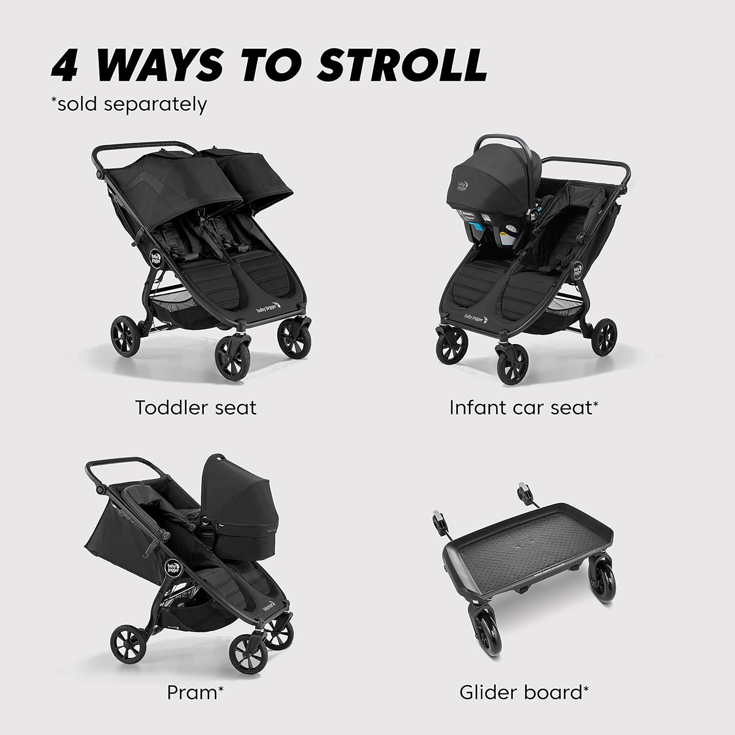 Detalle de Baby Jogger City Mini GT2 All-Terrain Double Stroller (Forever Air Rubber Tires, All-Wheel Suspension, Twin Stroller with Belly Bar and Leatherette Handlebar) – Pike Color