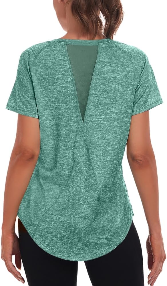 Detalle 2 de Jlowesun Sport-Shirt Damen – kurzärmelig, feuchtigkeitsableitend, Mesh-Rückendesign, lockere Passform