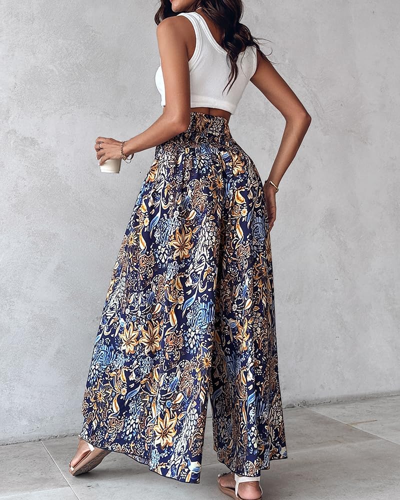 Detalle de CHICME Boho Floral Shirred High-Waisted Wide Leg Palazzo Pants