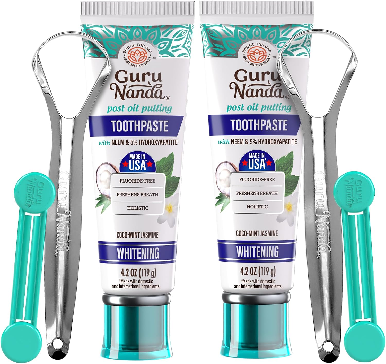GuruNanda Hydroxyapatite Toothpaste for Whitening with Neem & Xylitol – Fluoride/SLS-Free, Fresh CocoMint Jasmine (Pack of 2)