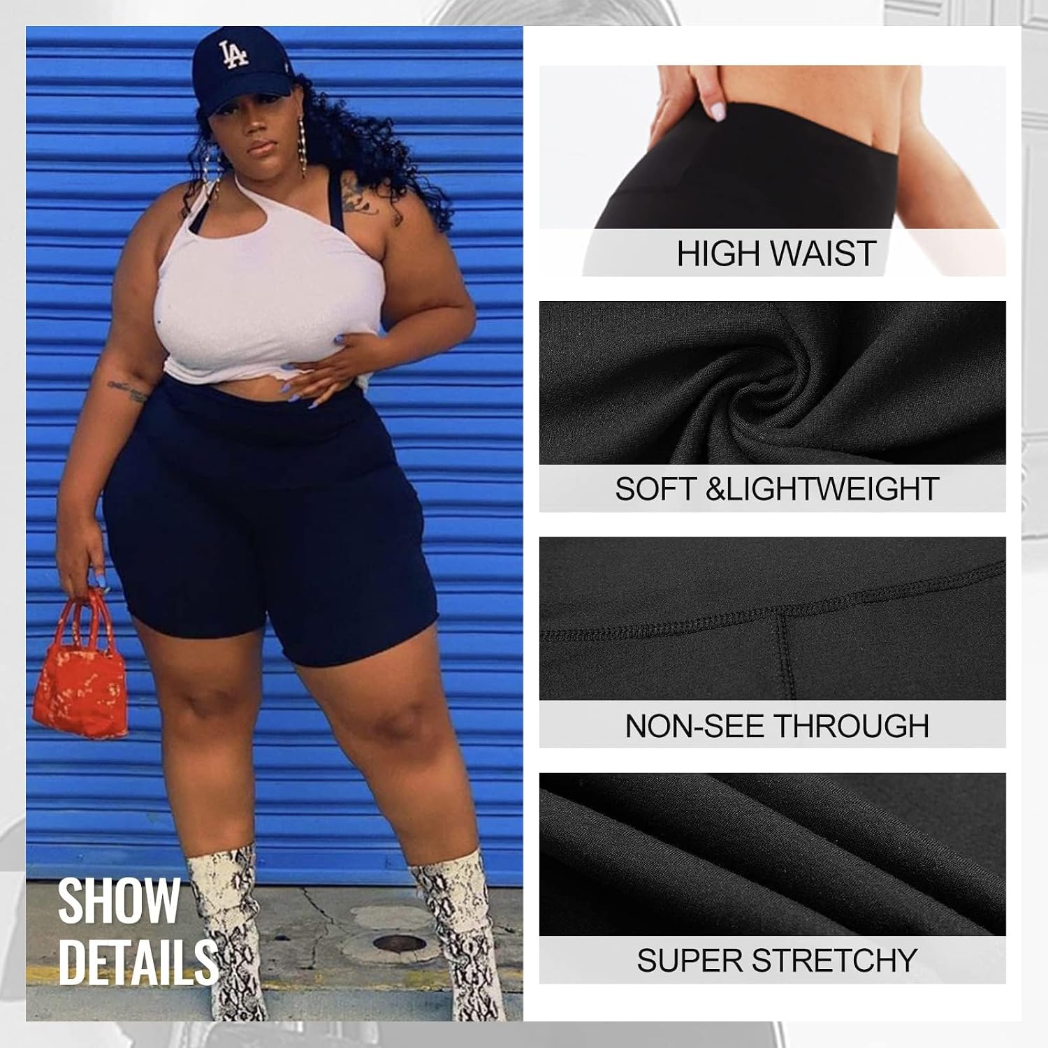 Detalle de TNNZEET 2 Pack Plus Size Biker Shorts for Women — 8" Inseam, High-Waisted, Tummy Control, Black/White (Sizes S-4XL)