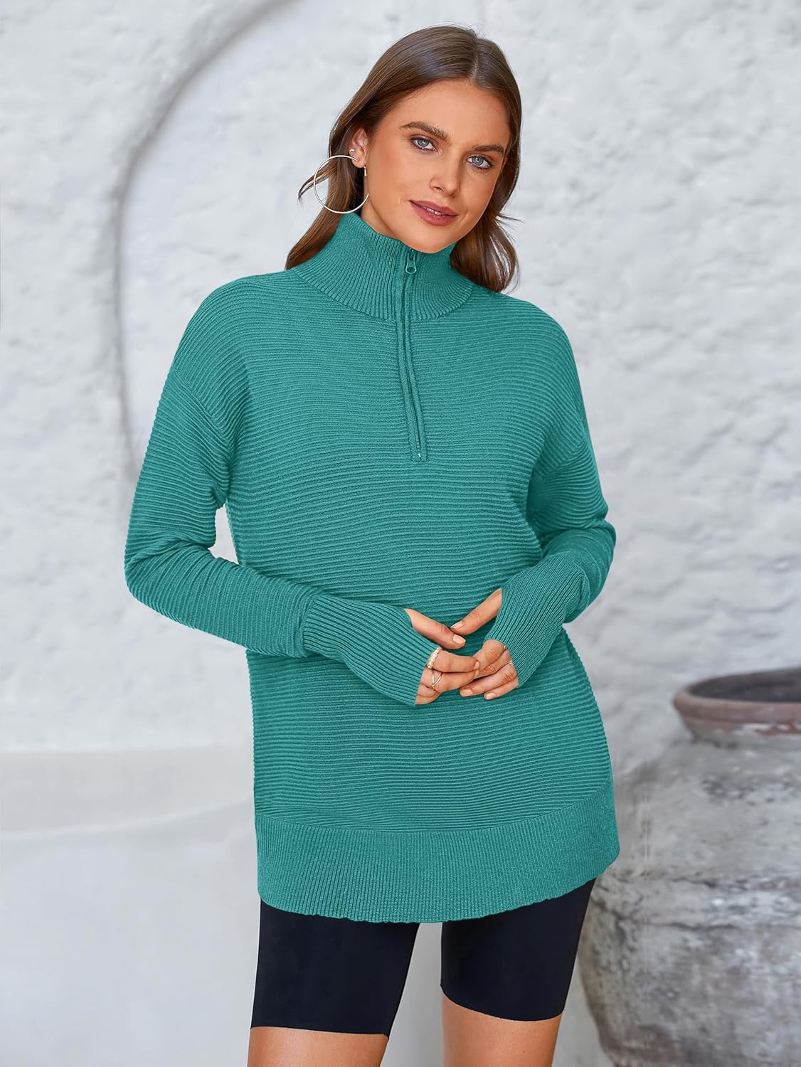 Thumbnail 3 de PRETTYGARDEN Women’s Long Sleeve Quarter Zip Ribbed Knit Pullover Sweater with Thumb Holes