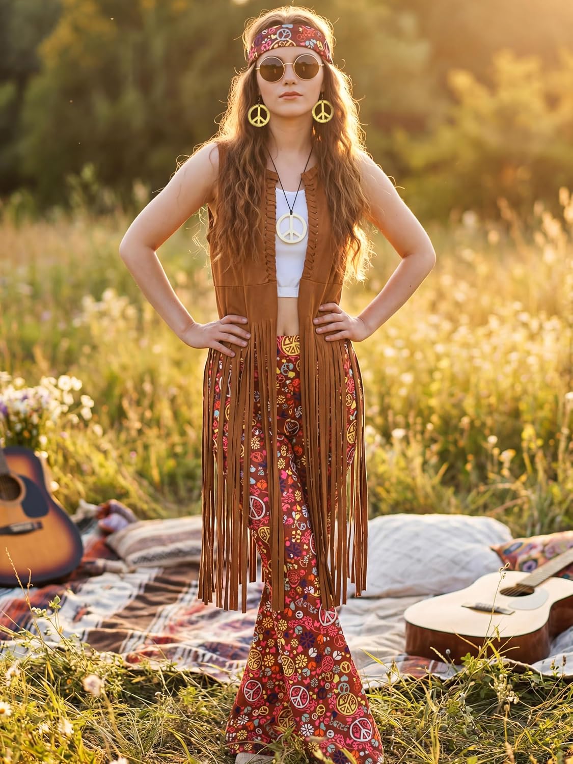 Detalle 2 de SOMSOC 7-Piece 60s and 70s Hippie Costume with Fringe Vest and Flared Pants