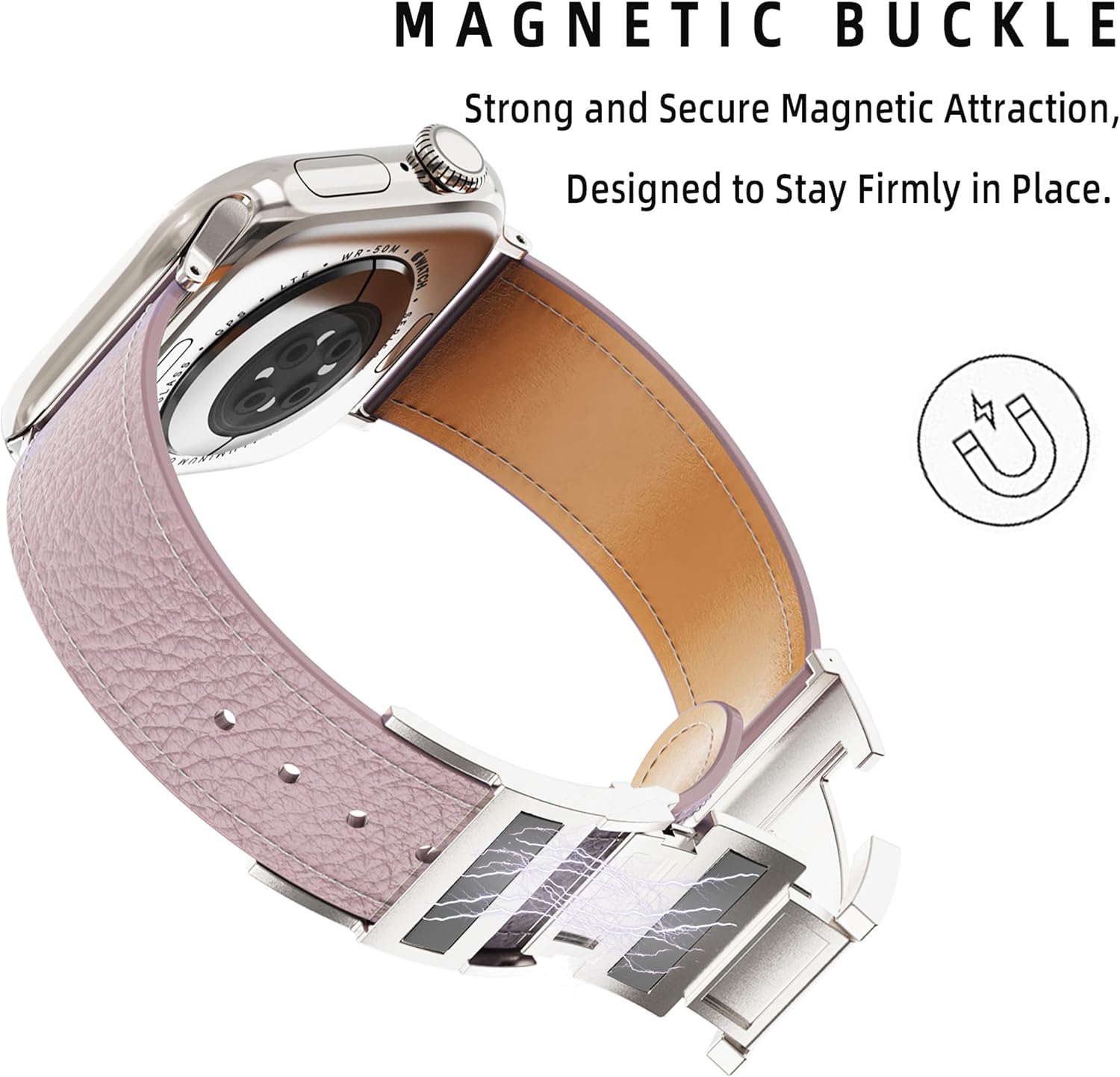 Detalle de Leather Watch Band with Magnetic Buckle for Apple Watch Ultra – Rugged, Durable Leather Strap