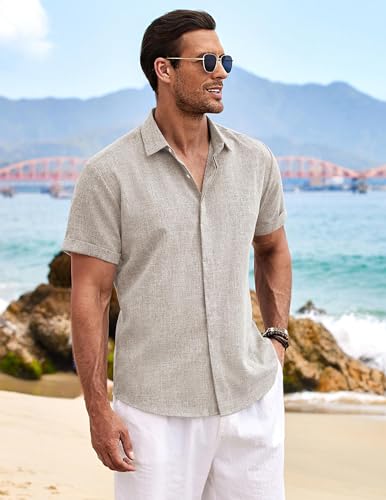Detalle 2 de COOFANDY Chemise Homme Manches Courtes en Lin Champagne XL – Décontractée et légère