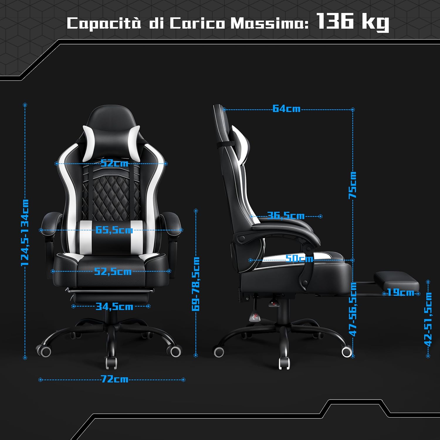 Detalle de Yaheetech Sedia da Gaming Ergonomica con Cuscino Massaggio Lombare – Bianco