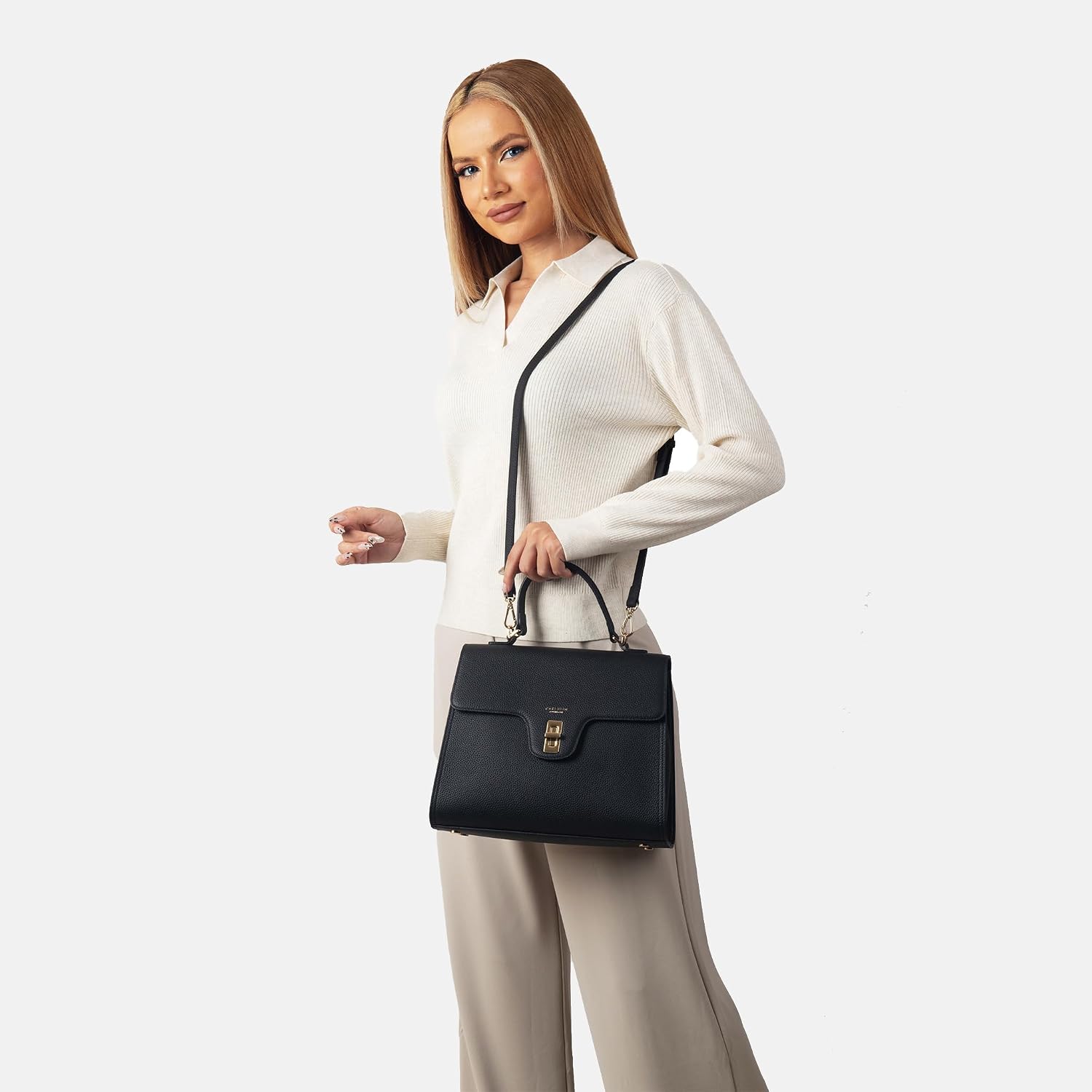 Detalle 2 de Carlheim Gotland Estelle Genuine Leather Handbag (Schwarz) – hochwertige Ledertasche aus echtem Rindsleder