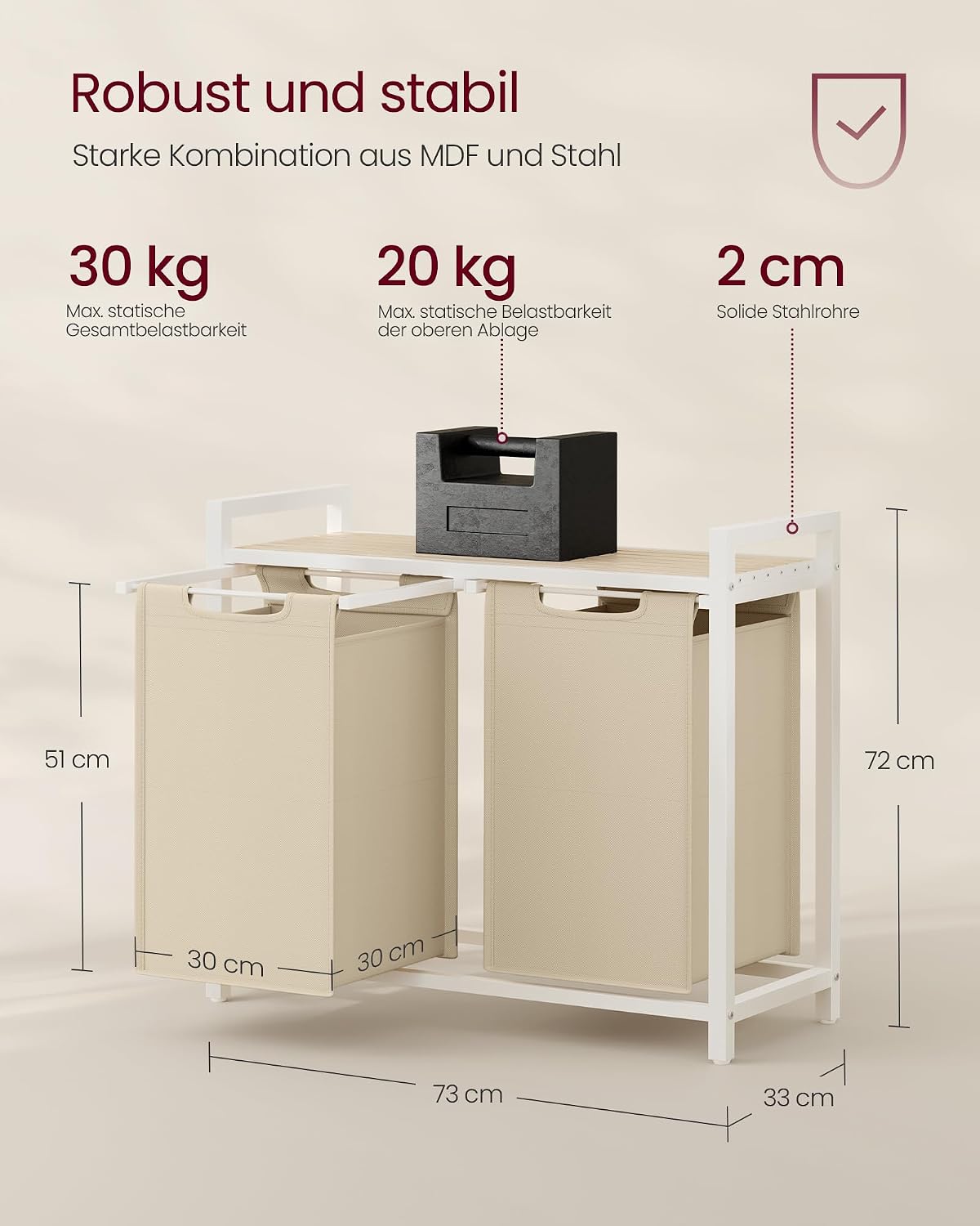 Detalle 2 de VASAGLE Wäschekorb 2 Fächer BLH201LH01 – Wäschesammler mit Ablage und abnehmbarem Wäschesack