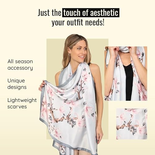 Detalle de Trillion London Silk Shawl: Soft Grey Blossoms Designer Silk Scarf