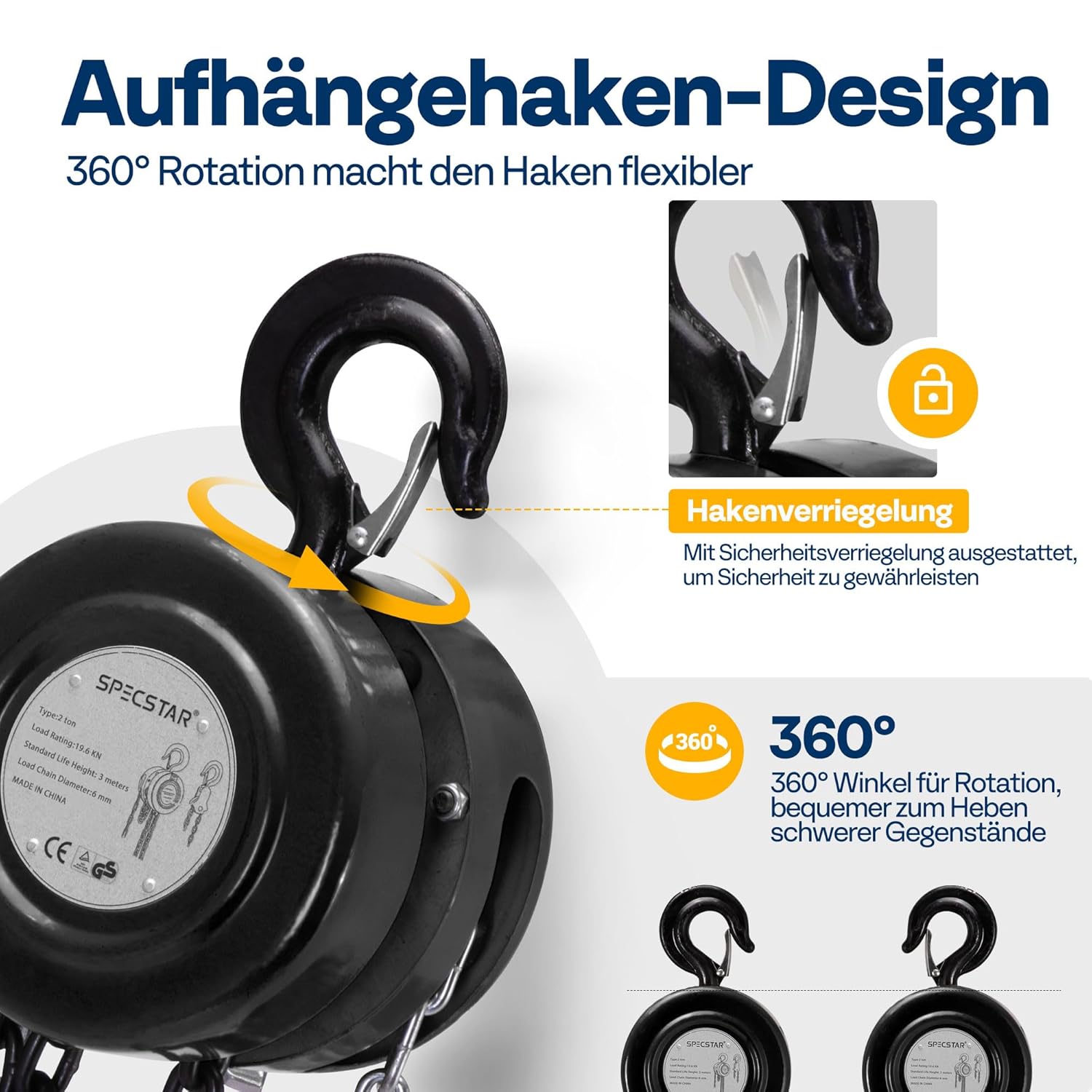 Detalle de SPECSTAR Handkettenzug 2000 kg – 3 m Hubhöhe, 2 Schwerlasthaken, manueller Kettenzug