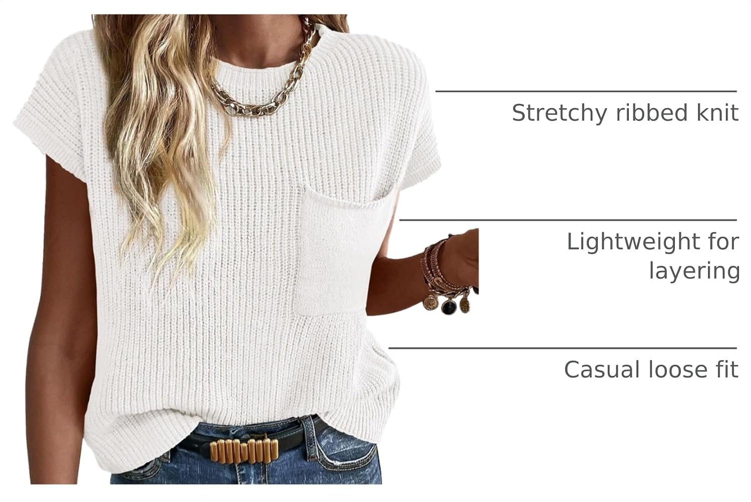 Detalle de KIRUNDO Women’s Short Sleeve Cotton Knit Sweater Vest (Ribbed Pullover Tank)