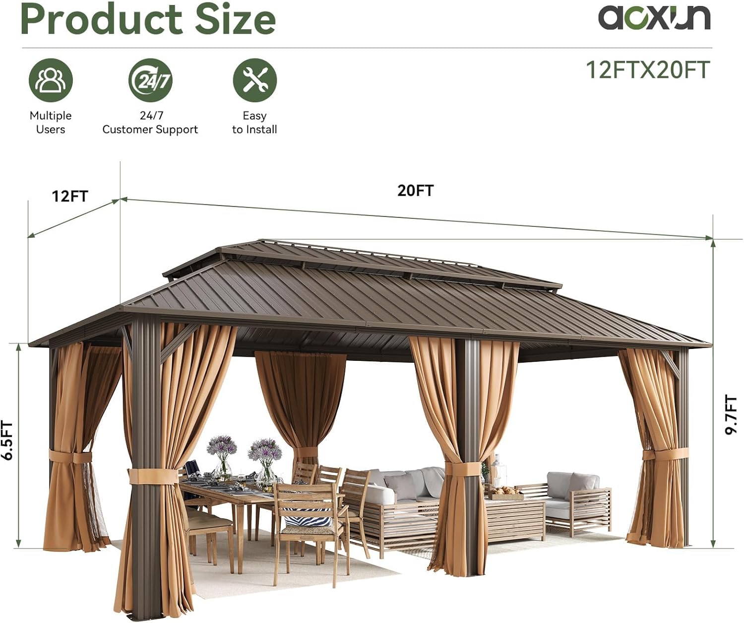 Detalle 2 de Aoxun G30014BR2012-NEW 20x12 Hardtop Gazebo with Double Roof