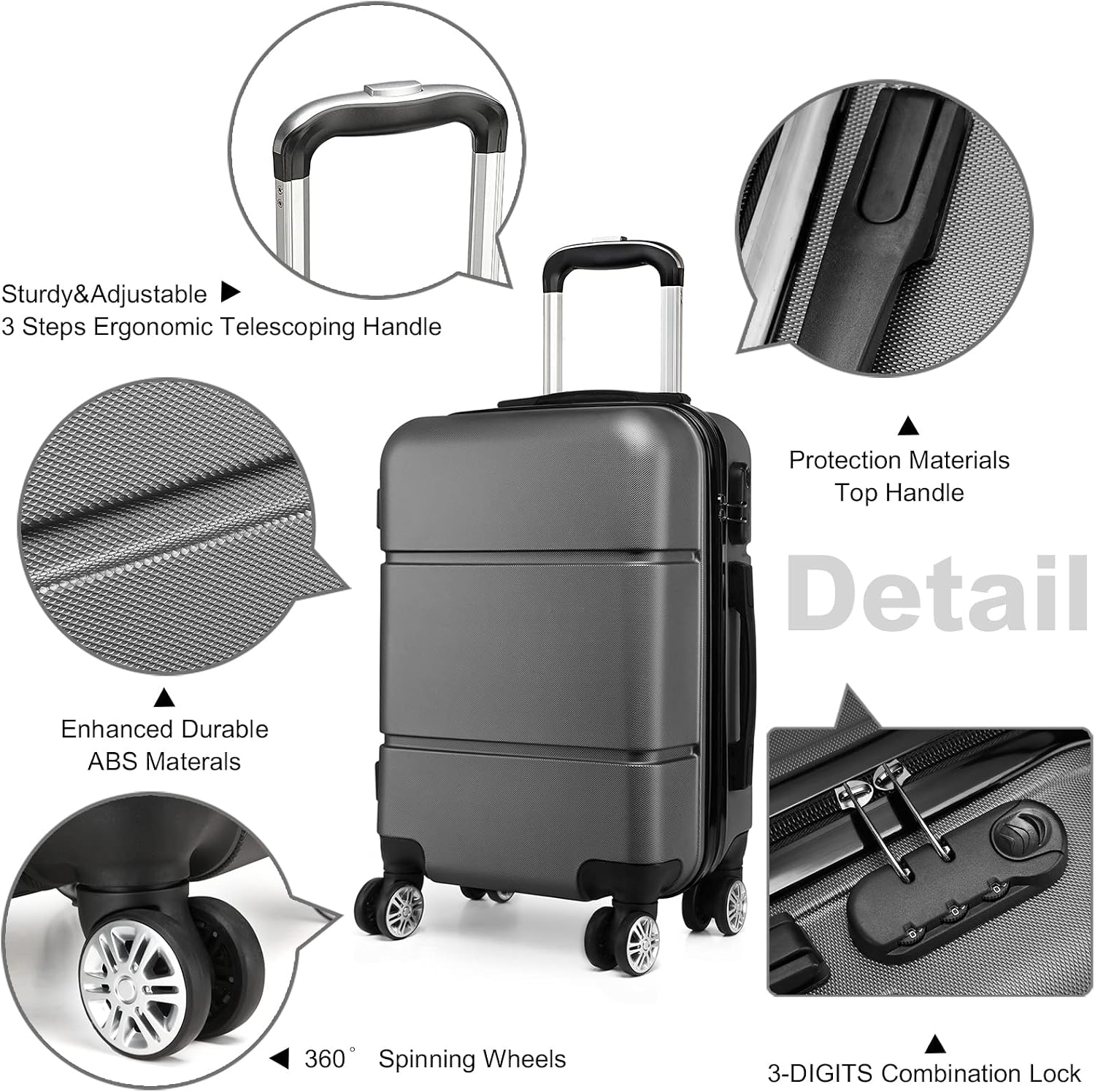 Thumbnail 3 de Kono 20-inch Hard Shell Cabin Suitcase, 33L ABS, Grey