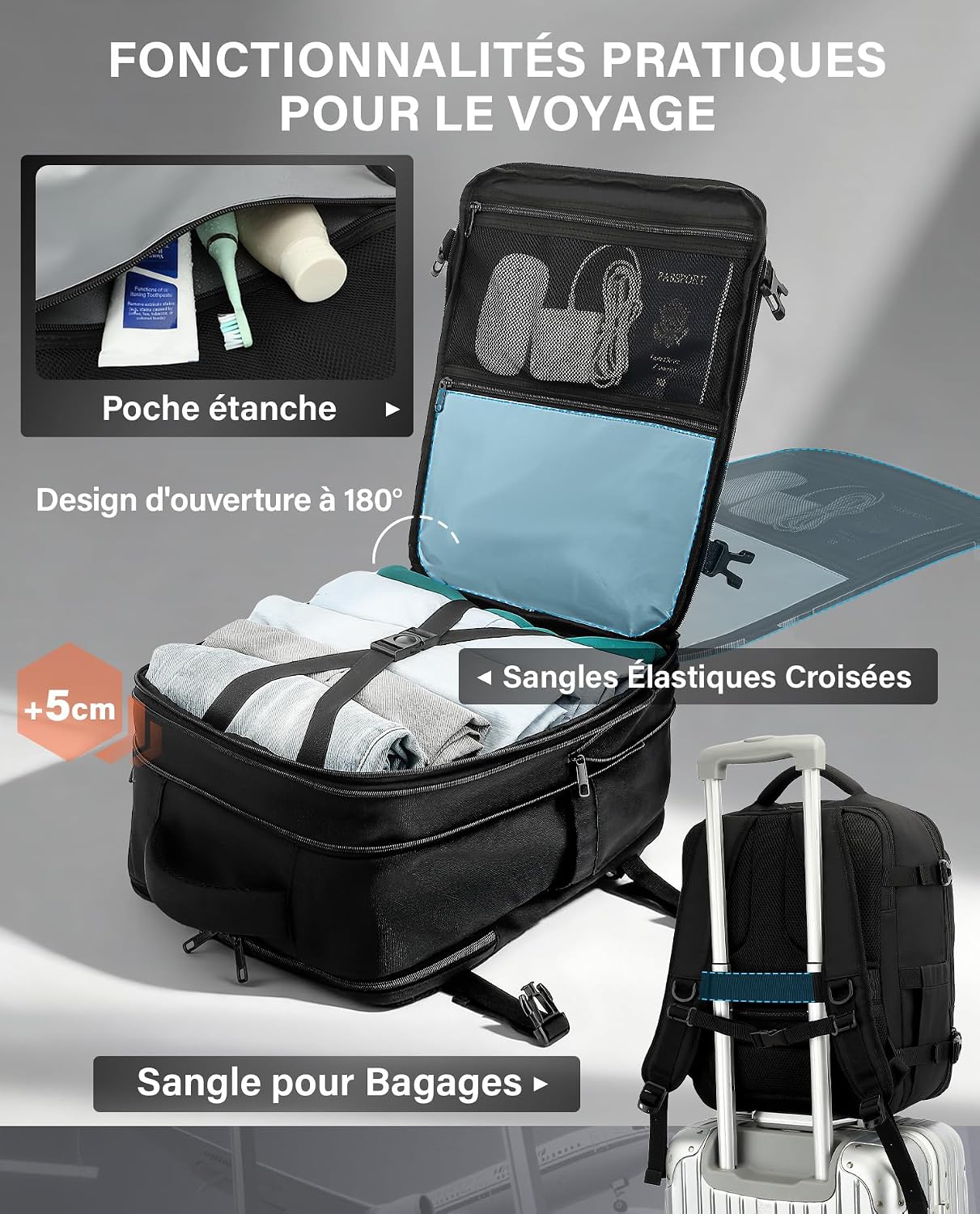 Detalle de VANKEV Sac à Dos Voyage Cabine — extensible et approuvé pour Ryanair, EasyJet et Eurowings