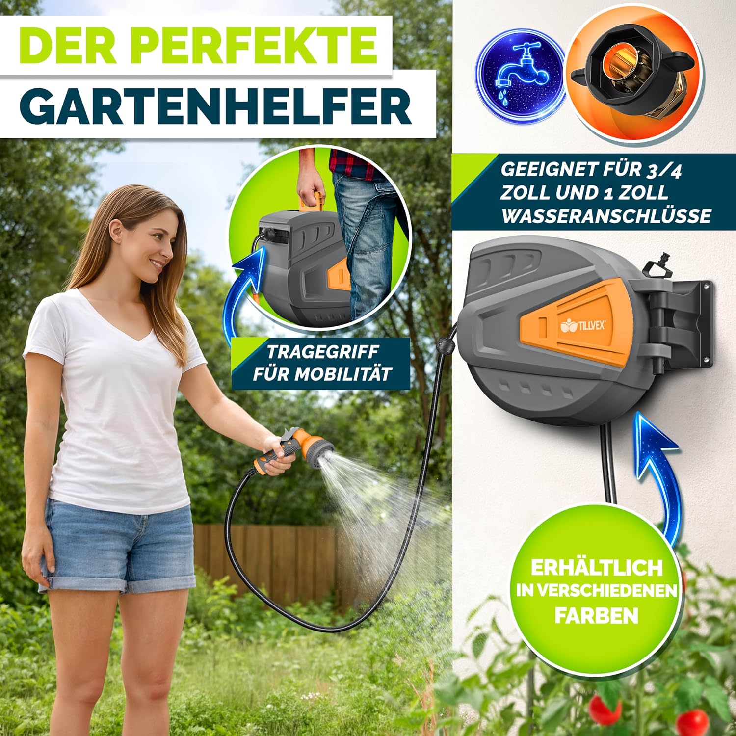Detalle 2 de tillvex Schlauchtrommel mit Wandhalterung, 180° schwenkbar, Handbrause & 30 m Schlauch (Grau)