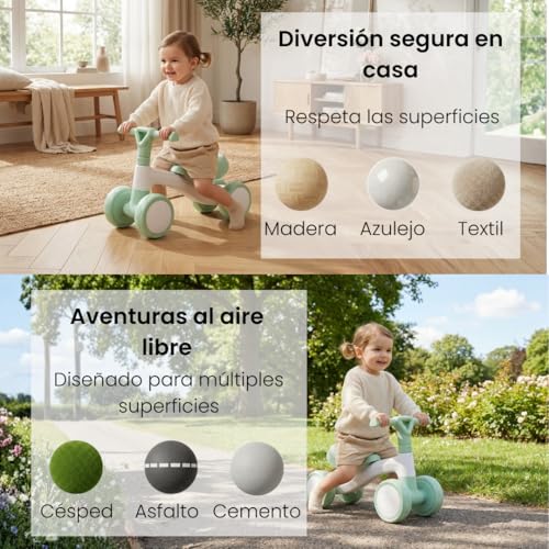 Detalle de Edibaby Triciclo Bebé 1 Año | Correpasillos ligero en color Menta, primera bici de equilibrio para bebés