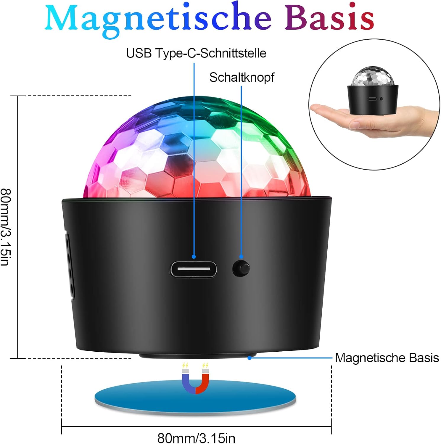 Thumbnail 2 de SEBRUANC Mini Discokugel: Musikgesteuerte LED-Partylicht mit USB-C, 380 mAh