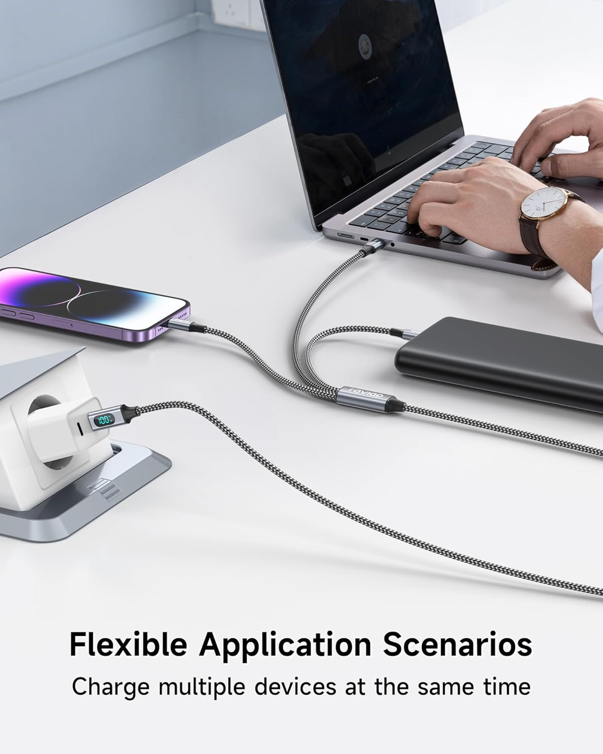 Detalle 2 de RAVIAD 100W USB-C Multi-Ladekabel 50 cm – 3-in-1 mit LED-Anzeige und 100W Power Delivery