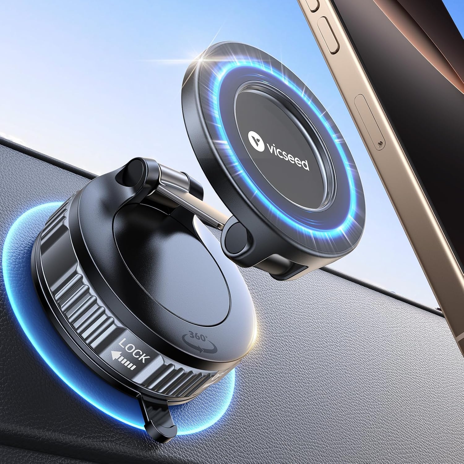 Detalle de VICSEED 2025 MagSafe Auto-Halterung mit Vakuumsaugnapf und N55 Magneten – 360° Drehung