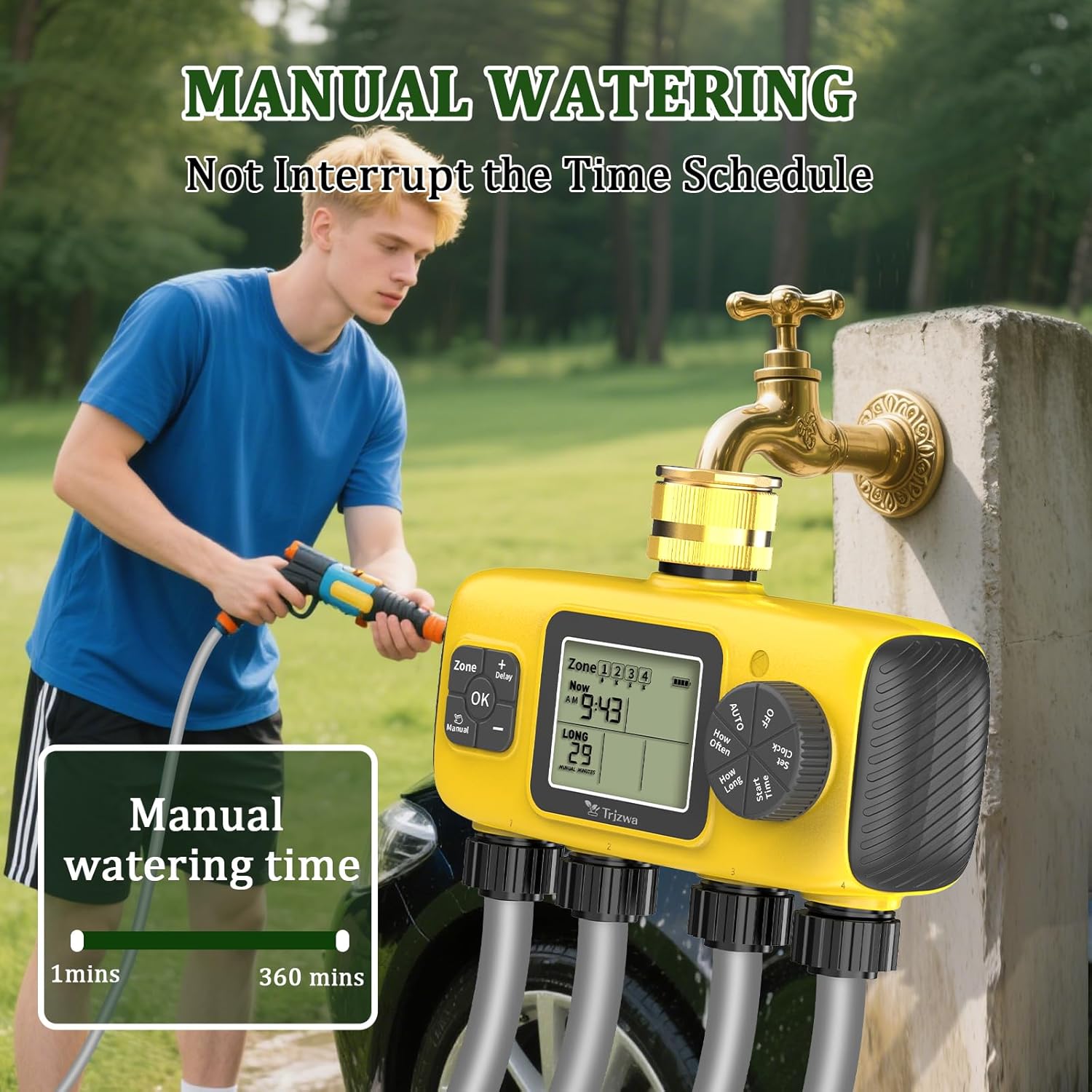 Thumbnail 3 de TRJZWA Centralina di irrigazione individuale a 4 zone con LED, timer e ritardo pioggia (IP55)