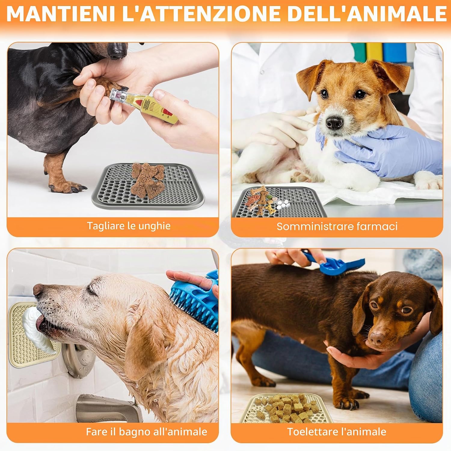 Thumbnail 6 de BASVII 2 PCS Tappetino Leccare Cane e Gatti con Ventose – Set 20x20 cm in silicone con raschietto e spazzola, comfort e igiene al bagno e all’addestramento