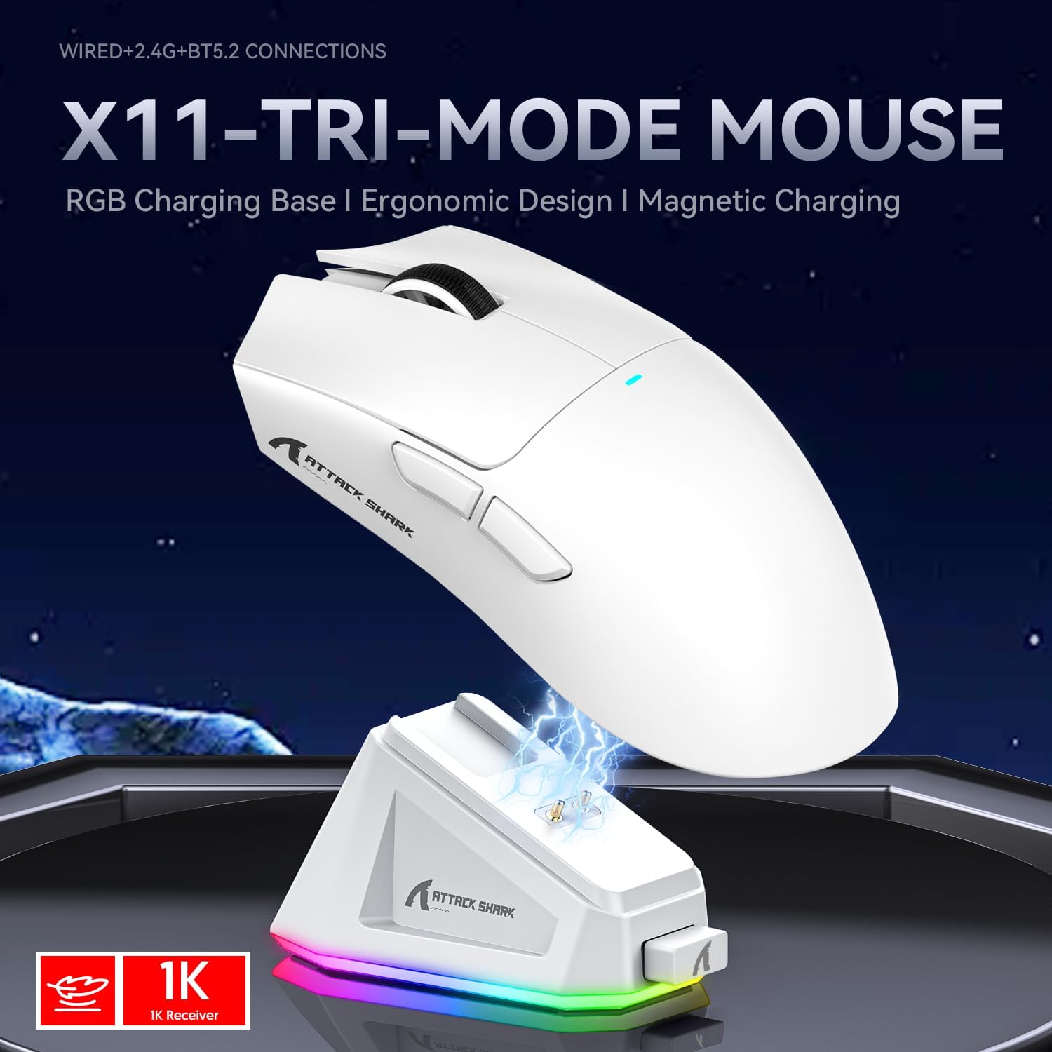 Thumbnail 1 de ATTACK SHARK X11 gaming mouse with magnetic charging dock (22,000 DPI) – 2.4G/Bluetooth/wired, 63g (White)