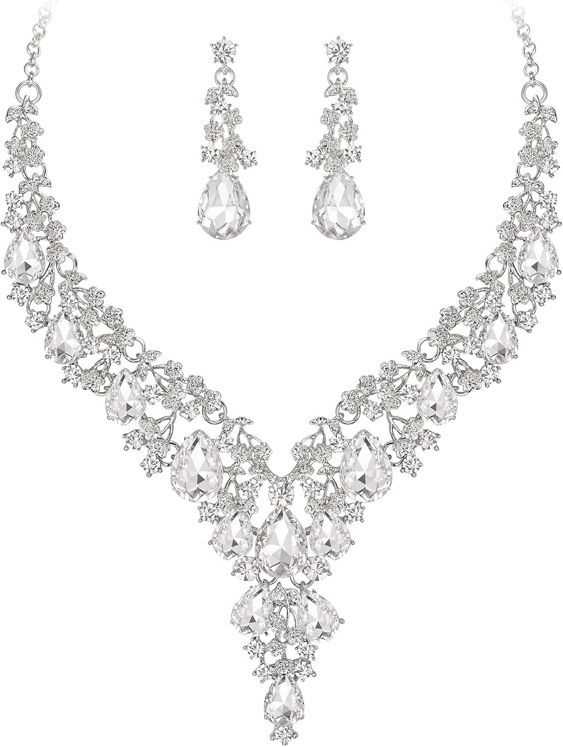 Detalle 2 de Clearine Hochzeit Schmuck-Set Tropfen Strass Cluster Halskette & Ohrhänger (Klar Silber-Ton)
