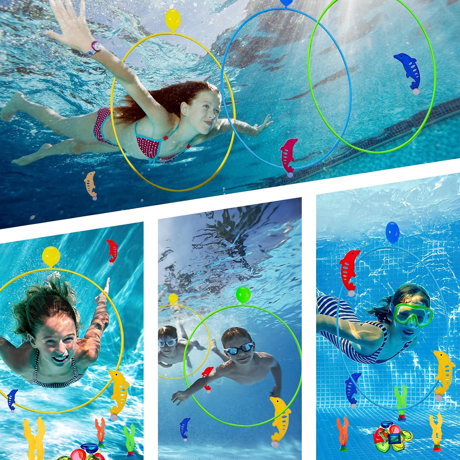 Detalle 1 de Pool-Spielzeug ab 5–12 Jahren: Tauchspielzeug-Set mit Tauchringen, Delfinen, Seegras und Juwelen