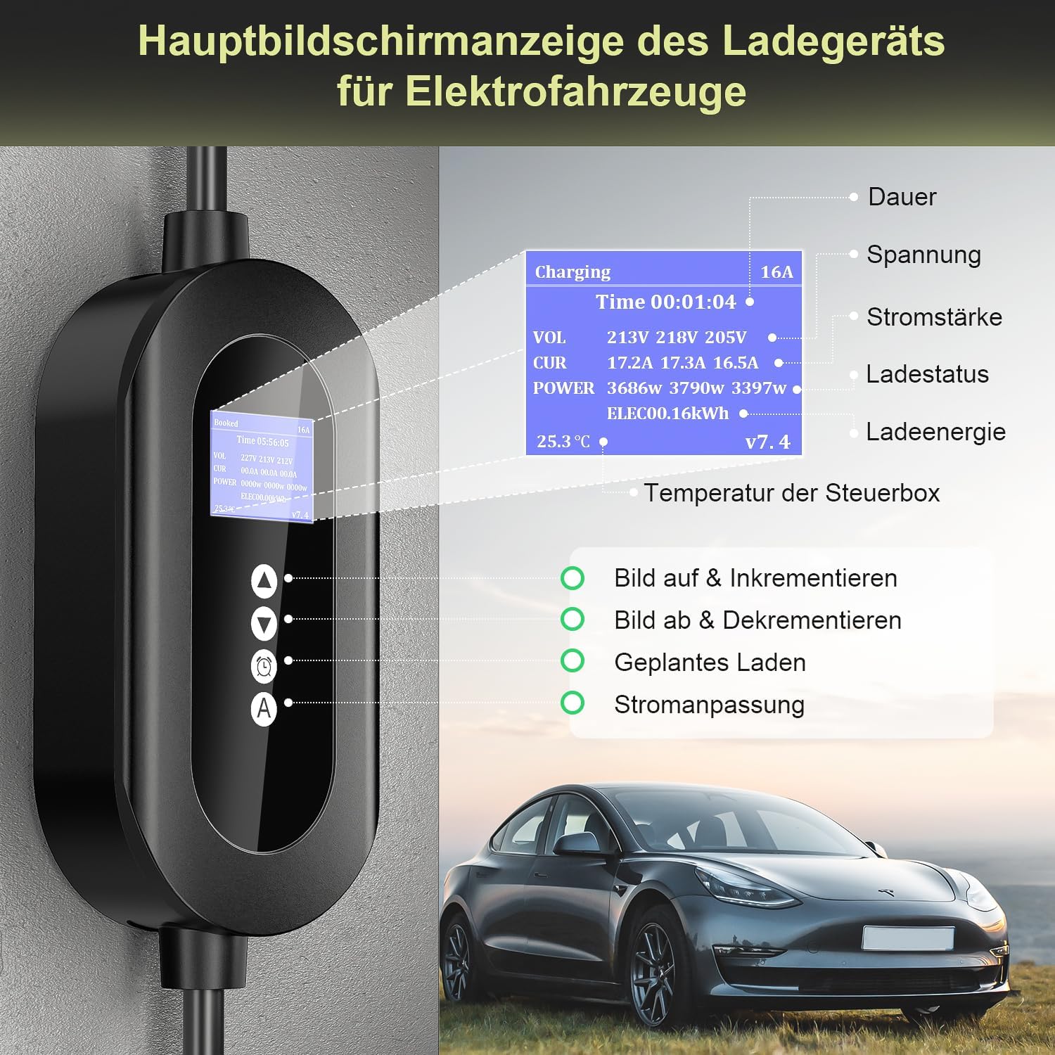 Detalle 2 de FNITAER Mobile Wallbox 11 kW mit CEE 16A Stecker (3-phasig) – Typ-2 Kabel 6 m, Zähler & Timer, Schwarz