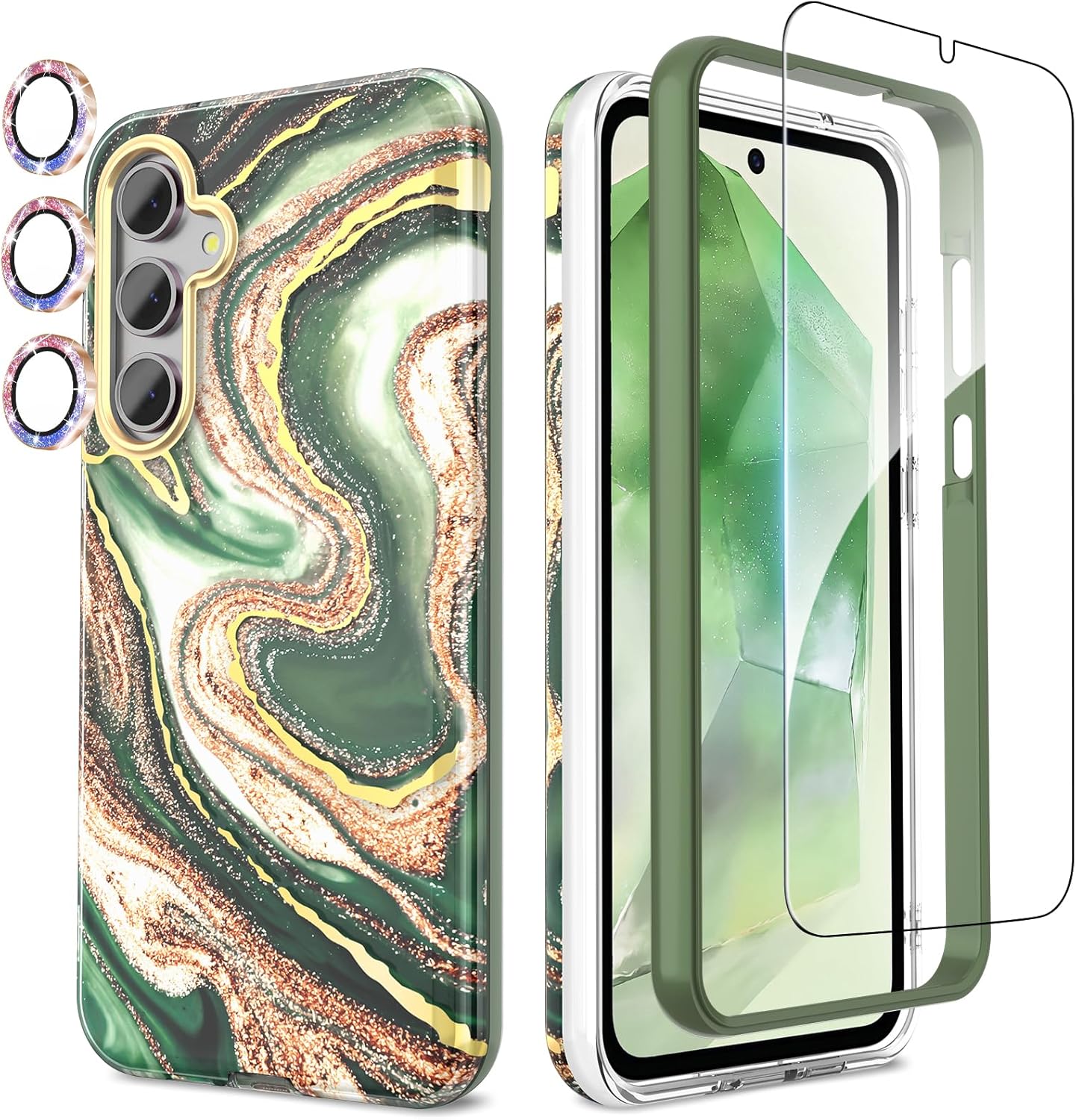 Detalle de SHEDEER Hülle für Samsung Galaxy A55 5G 6,6" – Glitzer, Kameraschutz und Displayschutz, 360° Stoßfestigkeit, Sand Grün