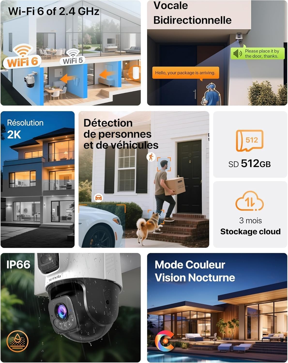 Thumbnail 2 de Tenda CH9 Caméra de surveillance WiFi extérieure double objectif 2K+2K, PTZ 360° et vision nocturne couleur