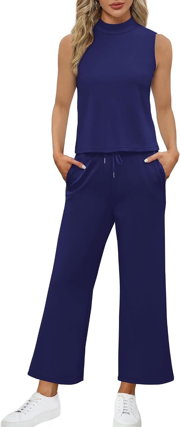 Detalle de SAMPEEL Two-Piece Summer Lounge Set for Women: Mock Neck Crop Top & Wide-Leg Pants