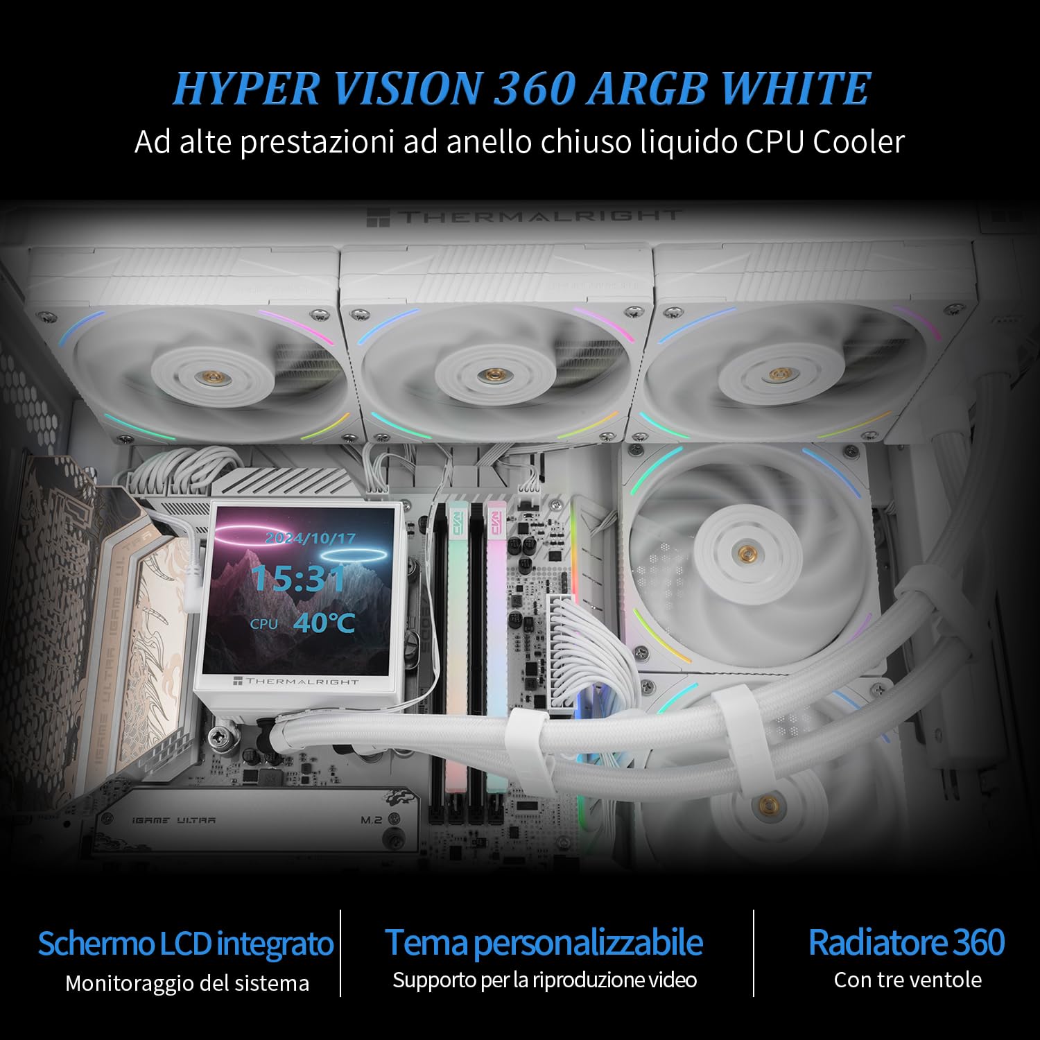 Detalle de TR Hyper Vision 360 ARGB Bianco CPU AIO Cooler con LCD IPS 480×480 per Intel e AMD AM4/AM5