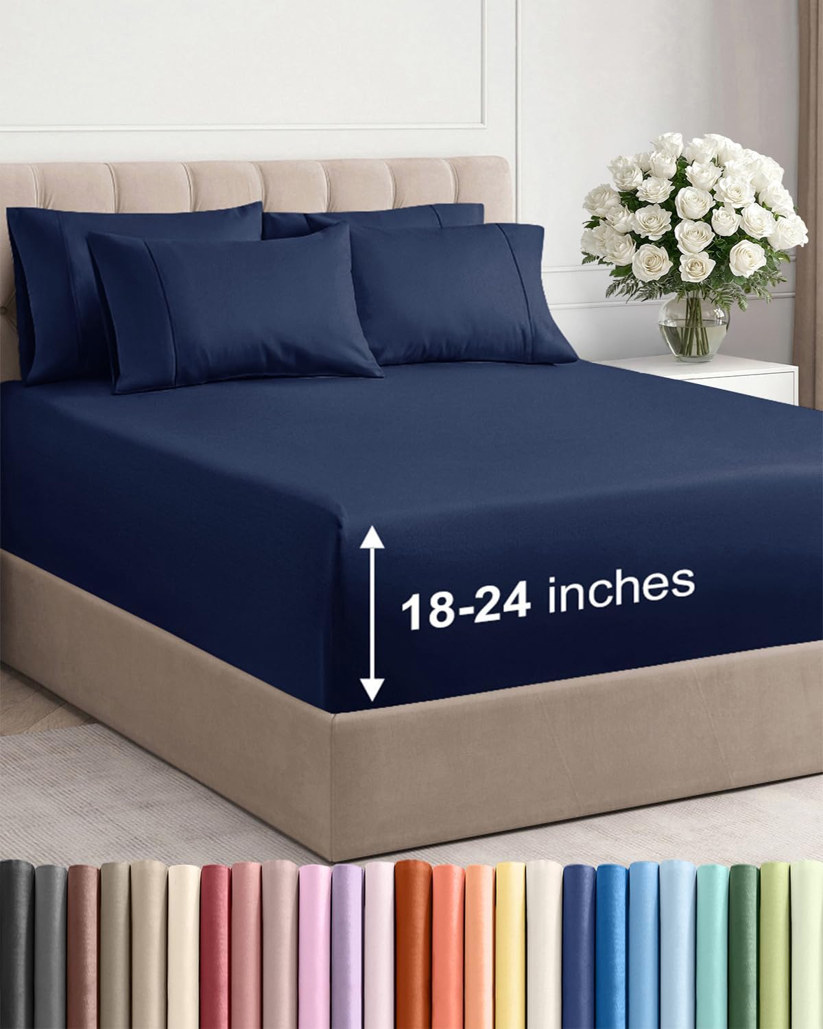 Detalle de CGK Unlimited 21InchQueenNavyBlue Extra-Deep Queen Sheet Set, Navy Blue