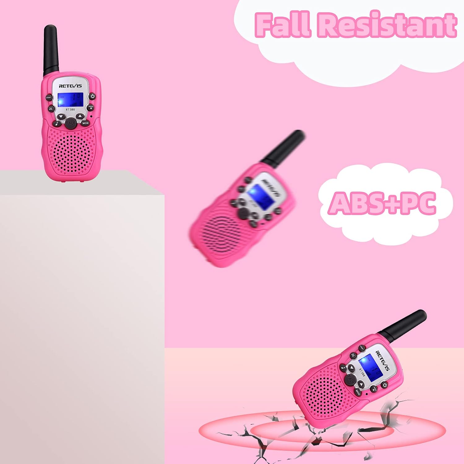 Detalle de Retevis RT388 talkie-walkie enfants (rose) – portée longue, 8 canaux et 99 codes de confidentialité