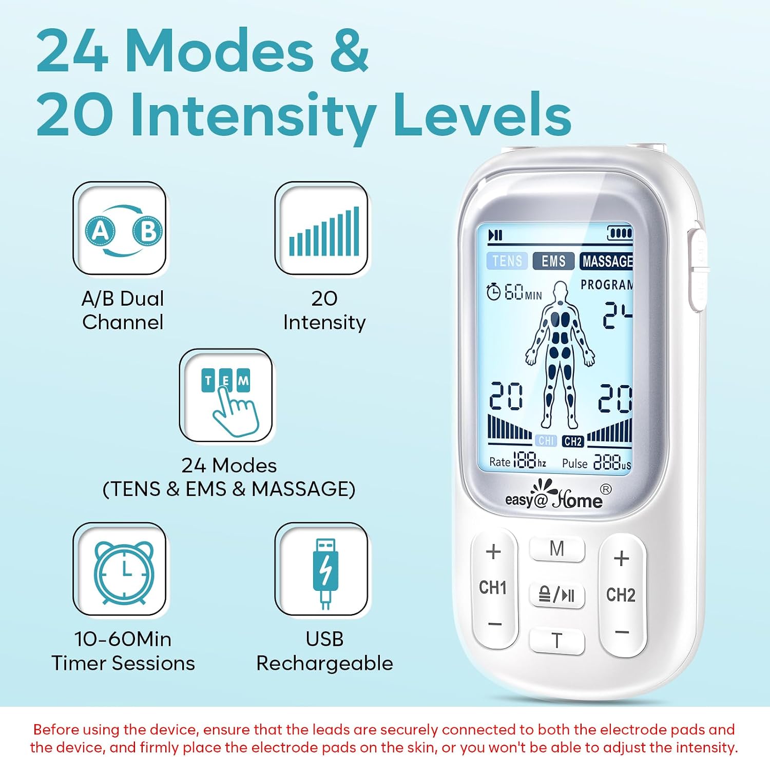 Detalle 1 de Easy@Home EHE020 Rechargeable TENS Machine, Dual-Channel, 24 Modes