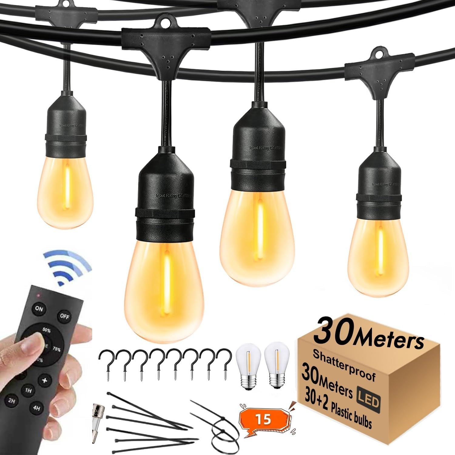 Detalle de 30M Festoon Lights Outdoor with Remote Control – 30+2 LEDs, IP65, Timer, and 4.4m Extension Cable