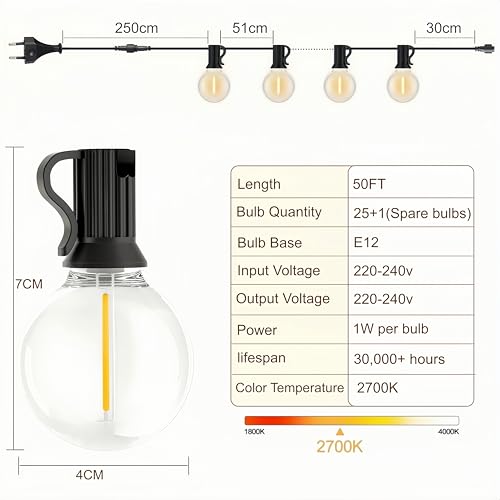 Detalle de Guirnalda Luces Exterior LaPitio 15 m con 25+1 Bombillas G40, Impermeable