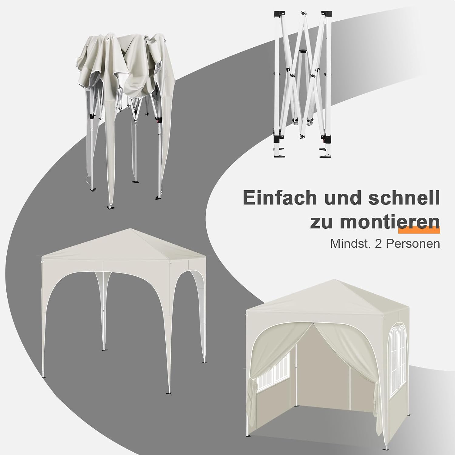 Detalle 2 de WOLTU Klappbarer Pavillon 2x2 m mit 4 abnehmbaren Wänden – UPF 50+ Sonnenschutz, windstabiles Metallgestell, 3-stufig höhenverstellbar