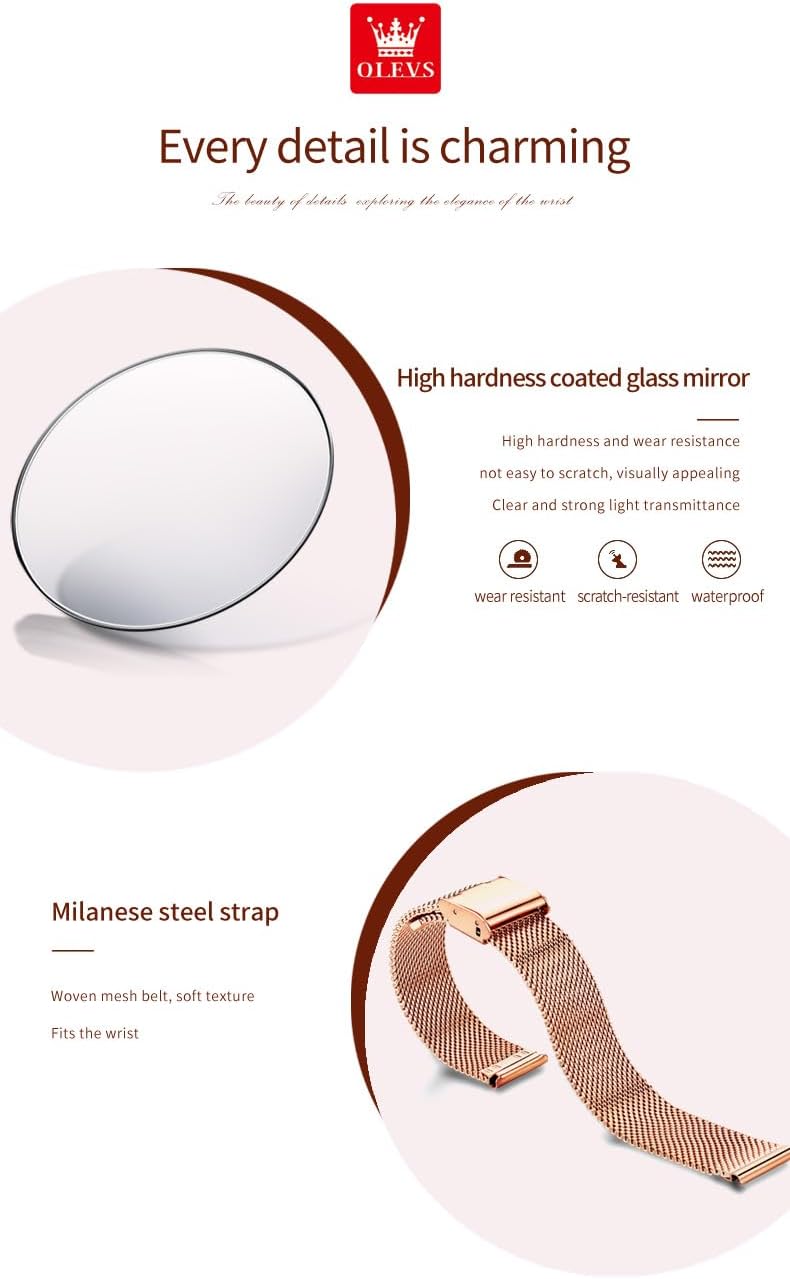 Detalle 2 de OLEVS Femmes Montre Luxe Or Rose Ultra-Mince avec bracelet maille inox étanche 30 m