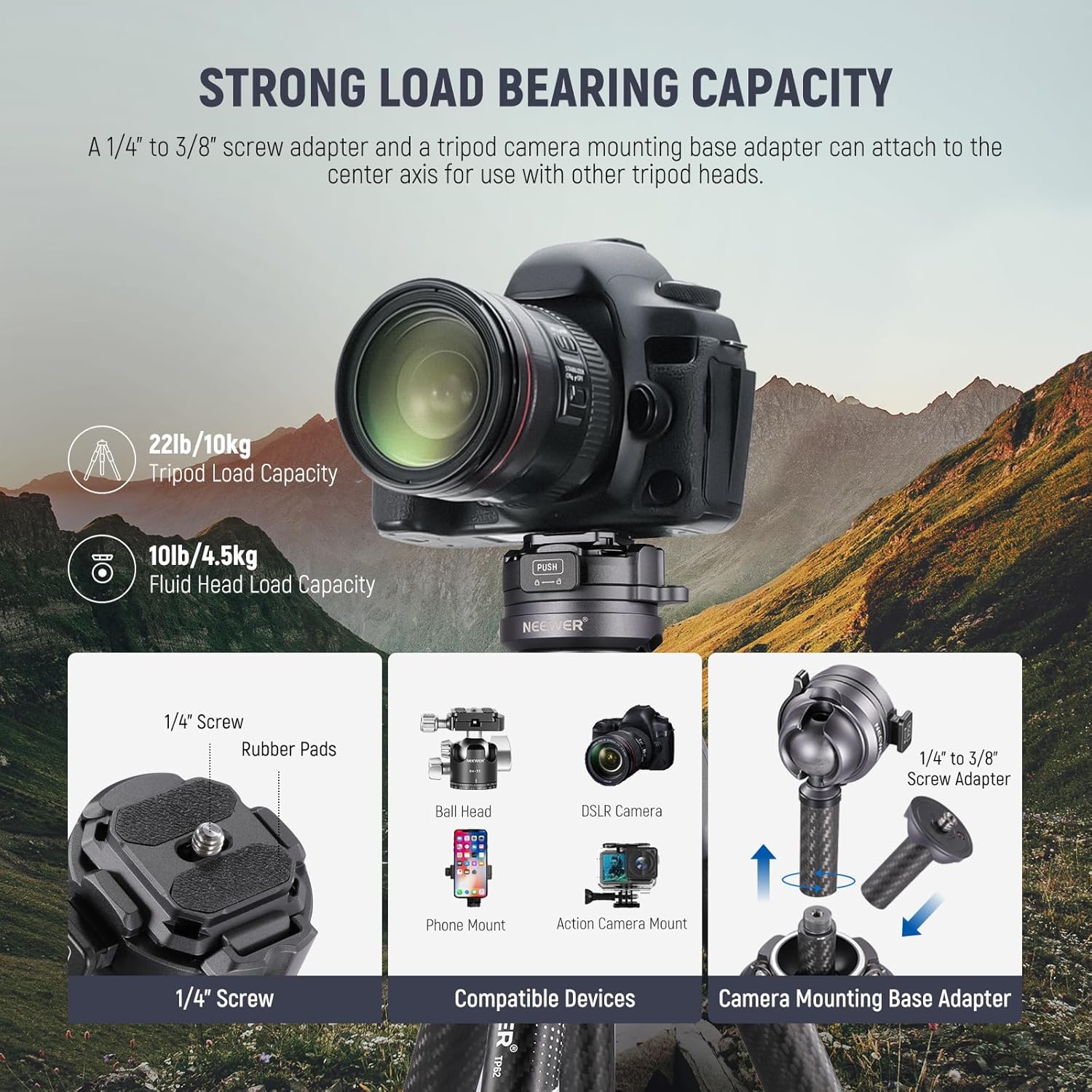 Detalle 2 de NEEWER LITETRIP LT32 62" Travel Tripod Carbon Fibre