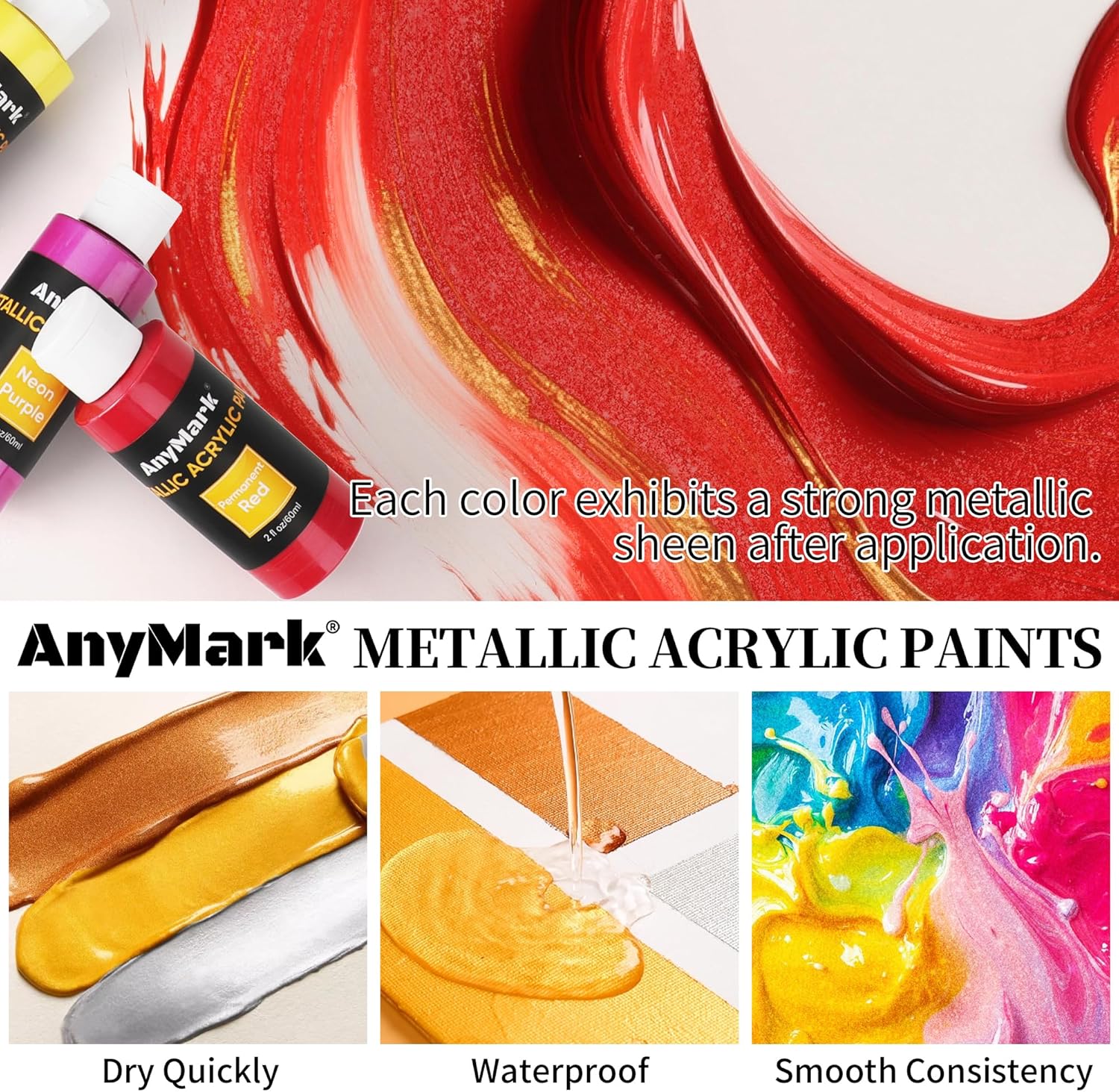 Thumbnail 4 de AnyMark Peinture acrylique métallique brillante – ensemble 24 couleurs avec 10 pinceaux (flacons 60 ml)