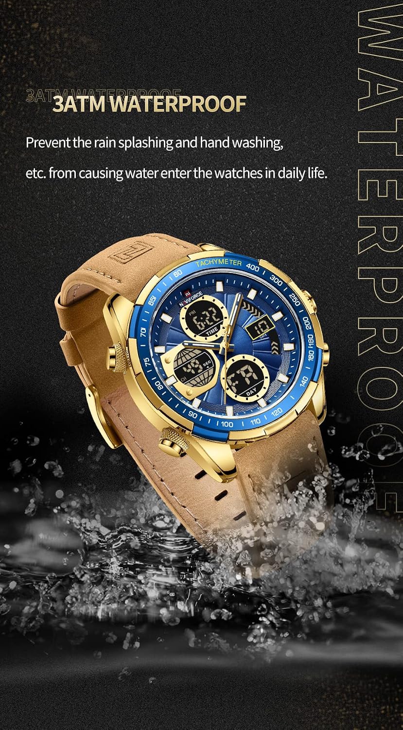 Detalle 2 de Naviforce Herren Militär Digitaluhren Analoge Quarz – Multifunktionale Uhr mit Lederarmband