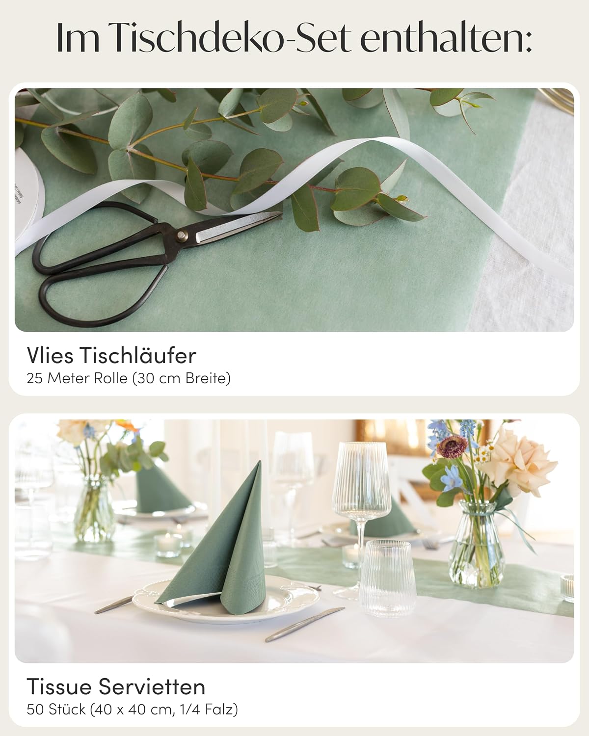Thumbnail 3 de 100%Mosel Tischdeko-Set Eukalyptus Grün (25–50 Gäste) – Tischläufer & Tissue-Servietten für Taufe, Hochzeit & Co.