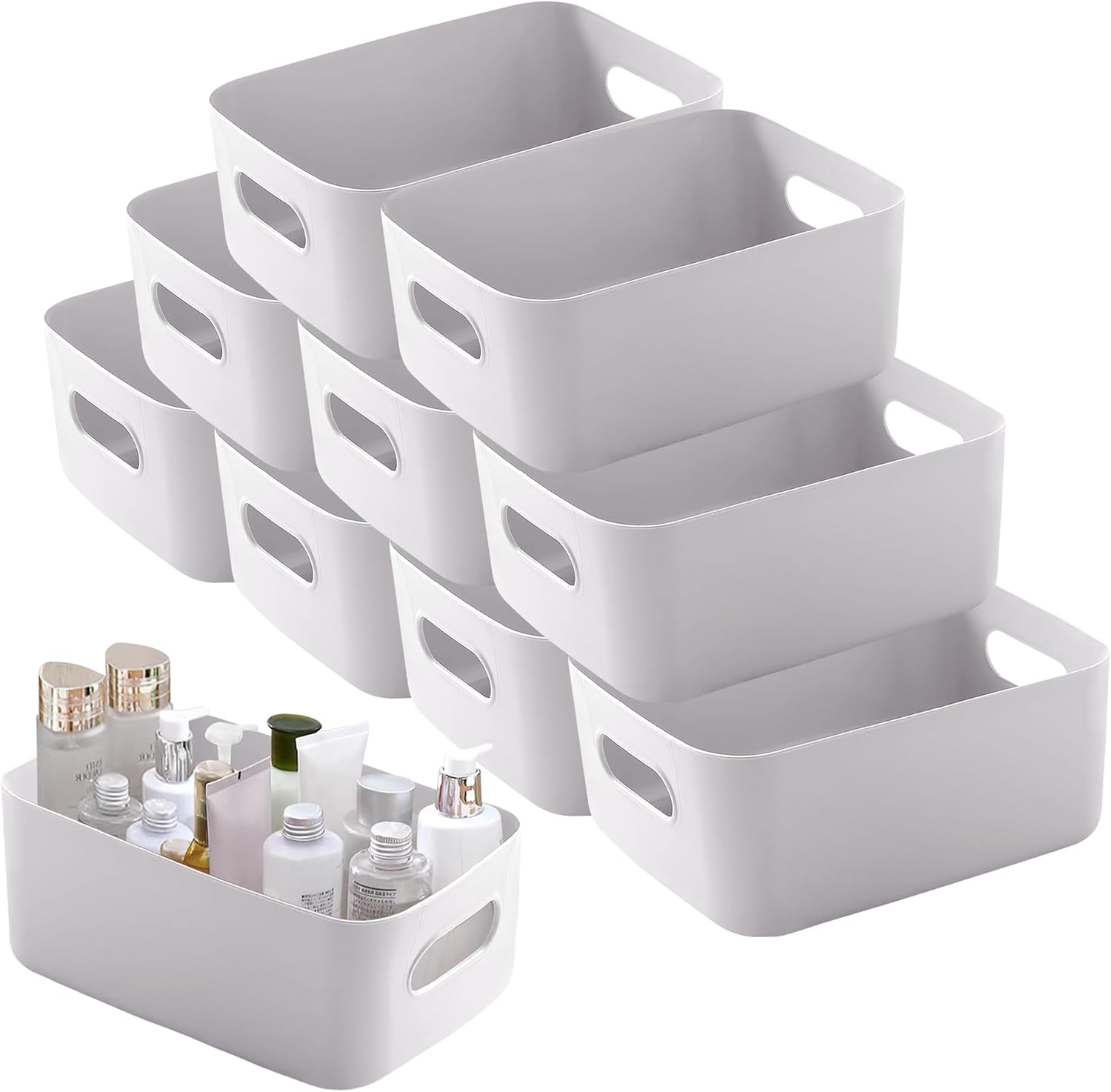 Detalle de SHEPIN Aufbewahrungsboxen (10er-Set) aus Kunststoff, grau, 30 x 20 x 12 cm, mit Griff – Organizer für Bad, Küche & Büro